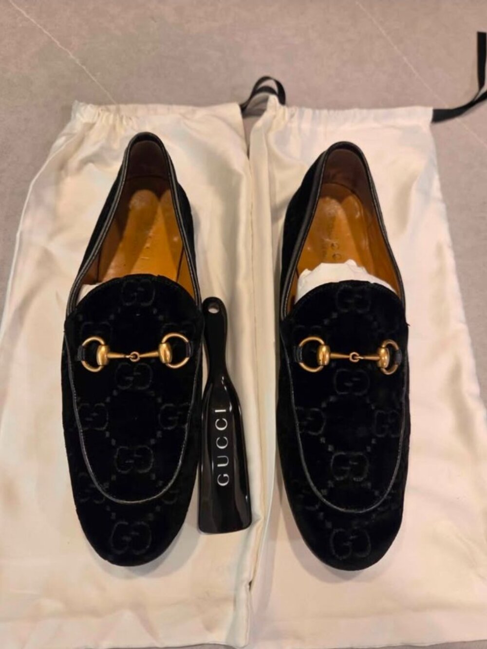 Gucci Jordaan Men’s 8.5 Black GG Velvet Horsebit Loafers
